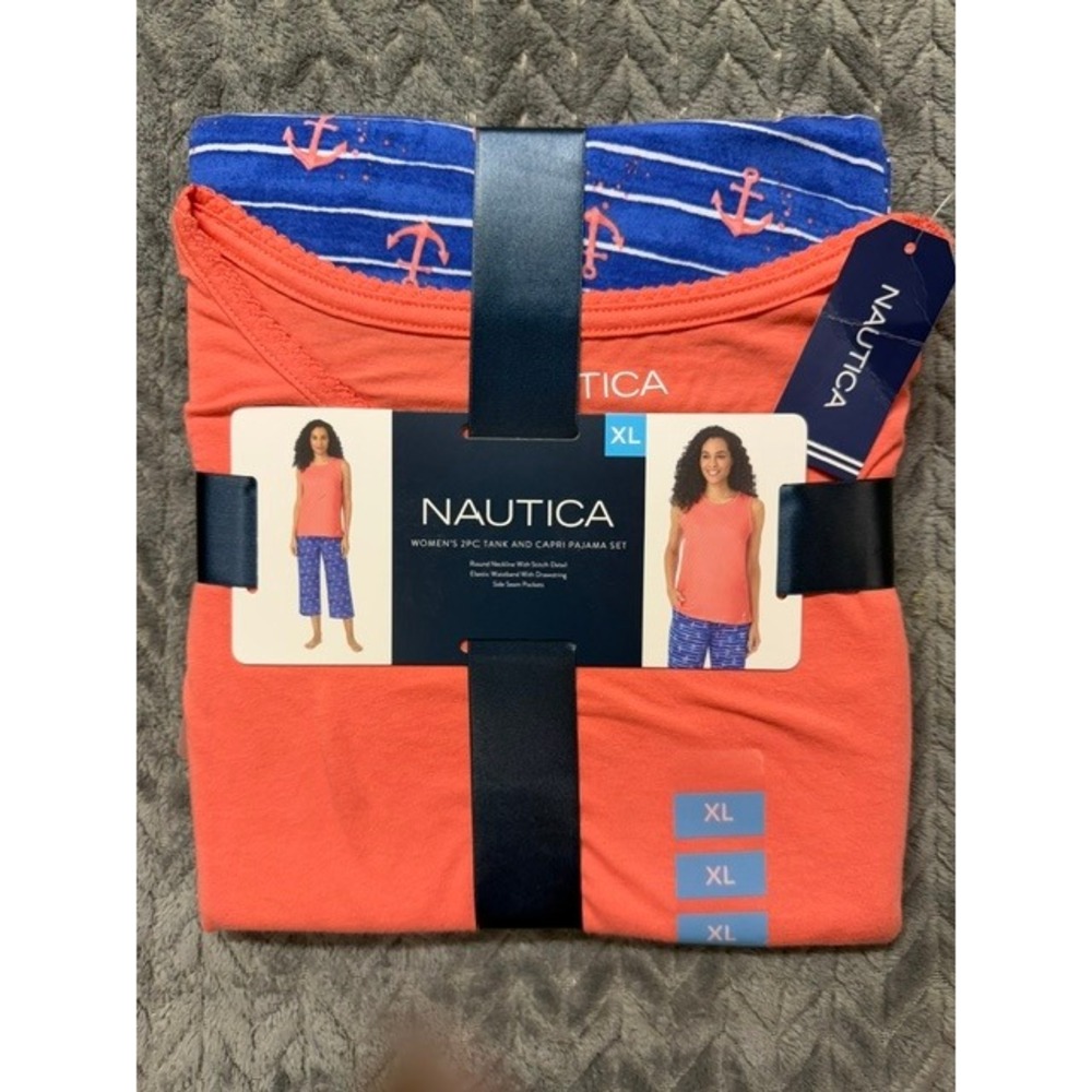Nautica Womens 2 Piece Pajama Set Tank Top Capri Pants Coral Blue Anchor XL 0566